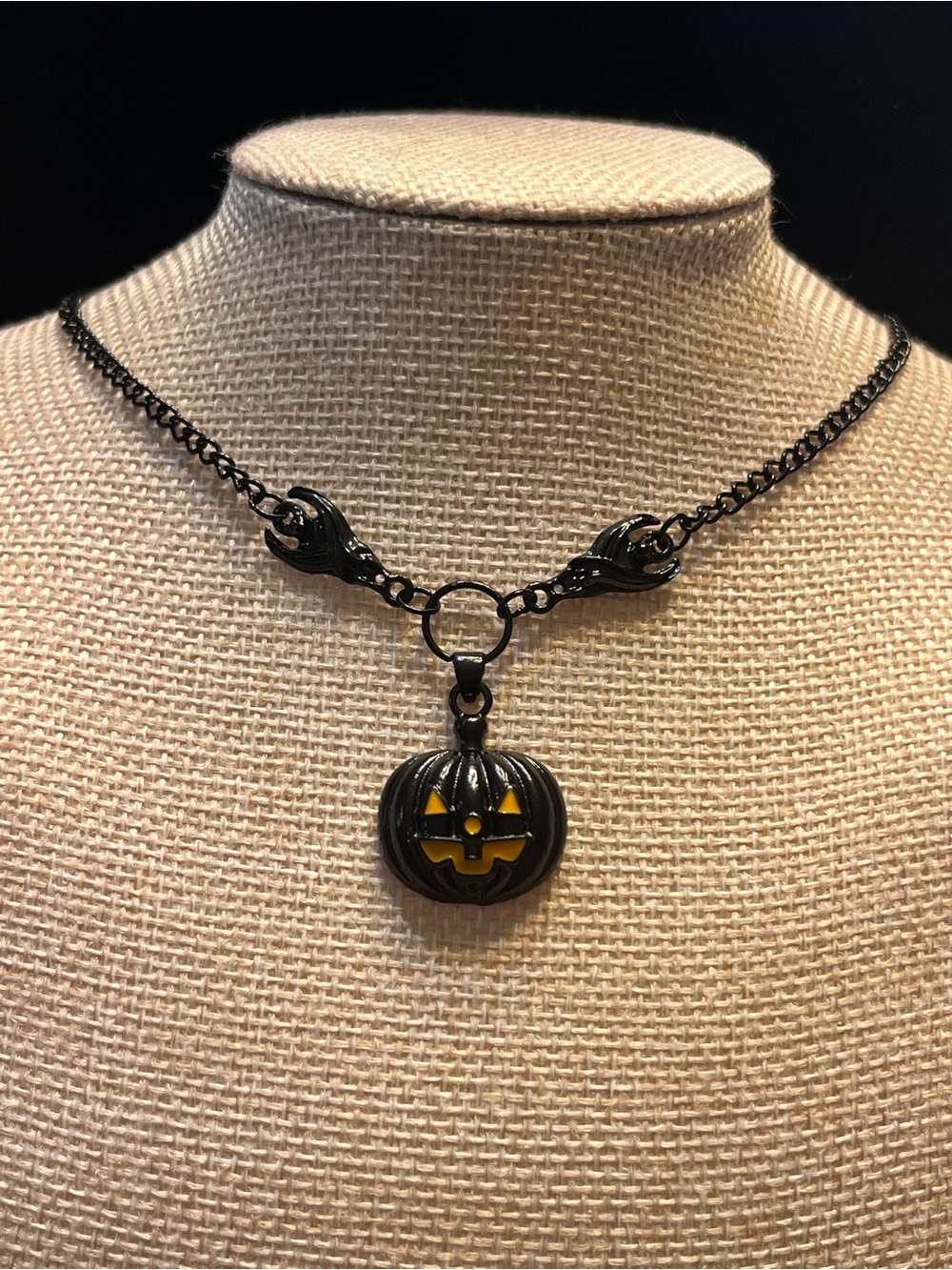 Hand Crafted Black Pumpkin Pendant Necklace With Bats - Picture 3 of 4